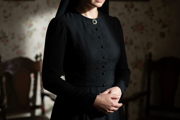 Kobieta w czarnej żałobnej sukni stoi w stonowanym, vintage'owym wnętrzu, dłonie splecione przed sobą.