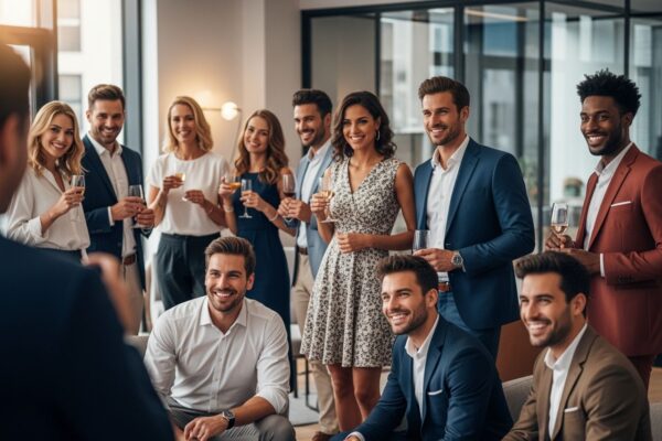 Grupa profesjonalistów na firmowej imprezie w nowoczesnym biurze, uśmiechnięci i w eleganckim ubiorze.