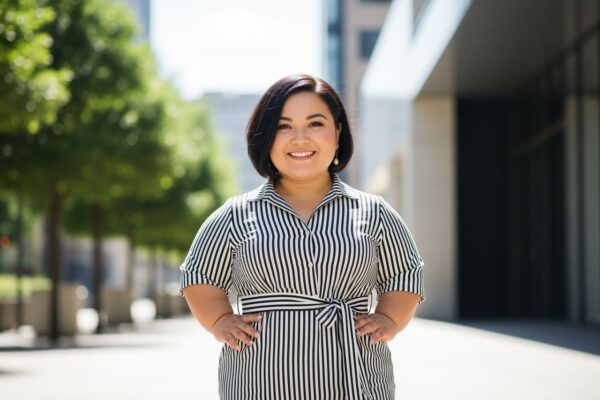 Pewna siebie kobieta plus size w paskowanej sukience z paskiem na tle nowoczesnej miejskiej scenerii