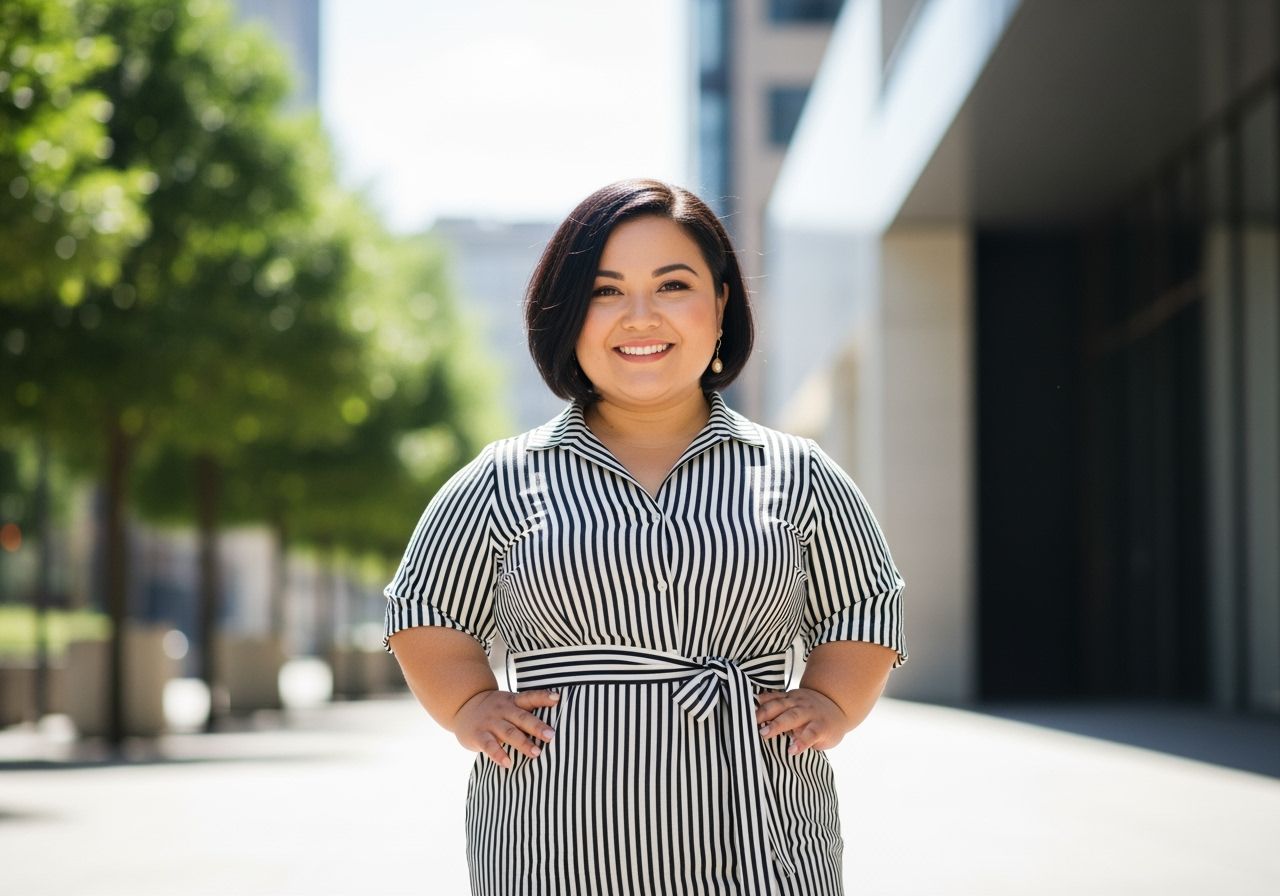 Pewna siebie kobieta plus size w paskowanej sukience z paskiem na tle nowoczesnej miejskiej scenerii