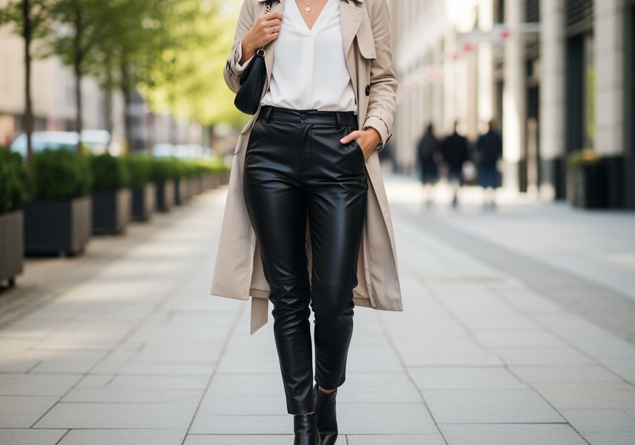 Kobieta w czarnych skórzanych spodniach, białej bluzce i beżowym trenczu na tle miejskiej ulicy