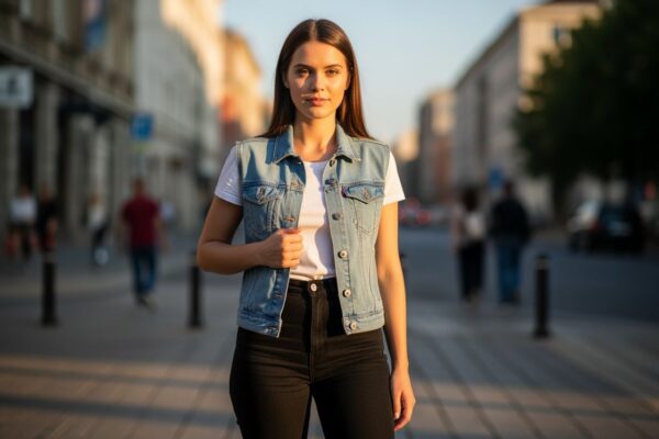 Młoda kobieta w jasnym denimowym gorsecie i czarnych spodniach na miejskiej ulicy podczas złotej godziny