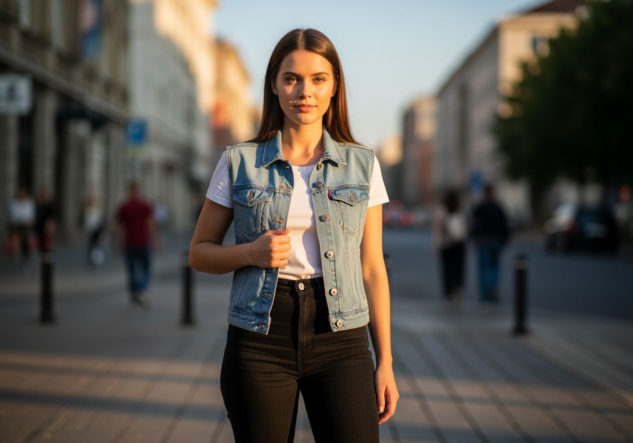 Młoda kobieta w jasnym denimowym gorsecie i czarnych spodniach na miejskiej ulicy podczas złotej godziny