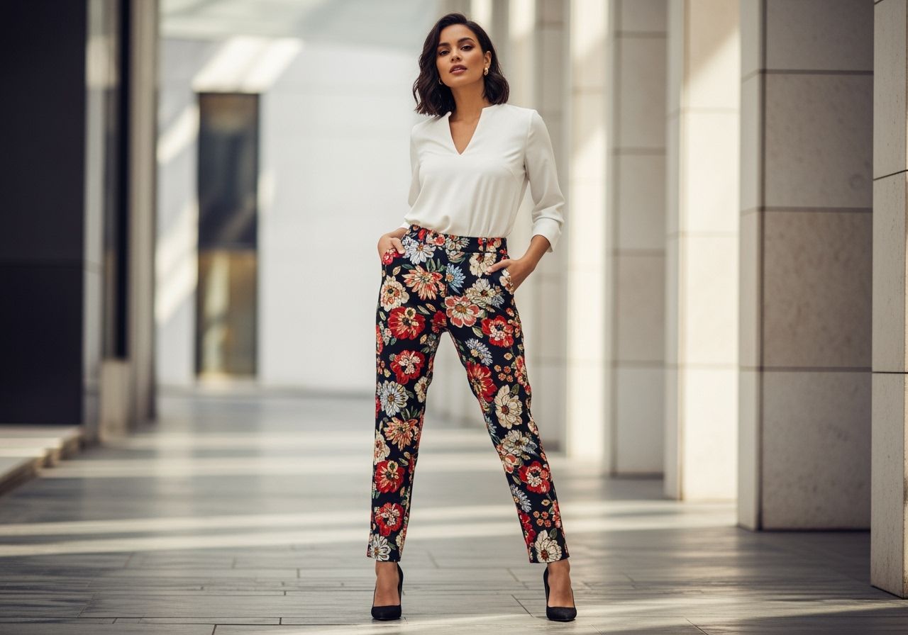 Kobieta w kwiatowych spodniach stoi w jasnym miejskim otoczeniu w naturalnym świetle.
