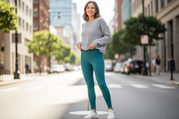 Młoda kobieta w kolorowych legginsach, luźnym swetrze i białych butach na miejskiej ulicy, naturalne światło.