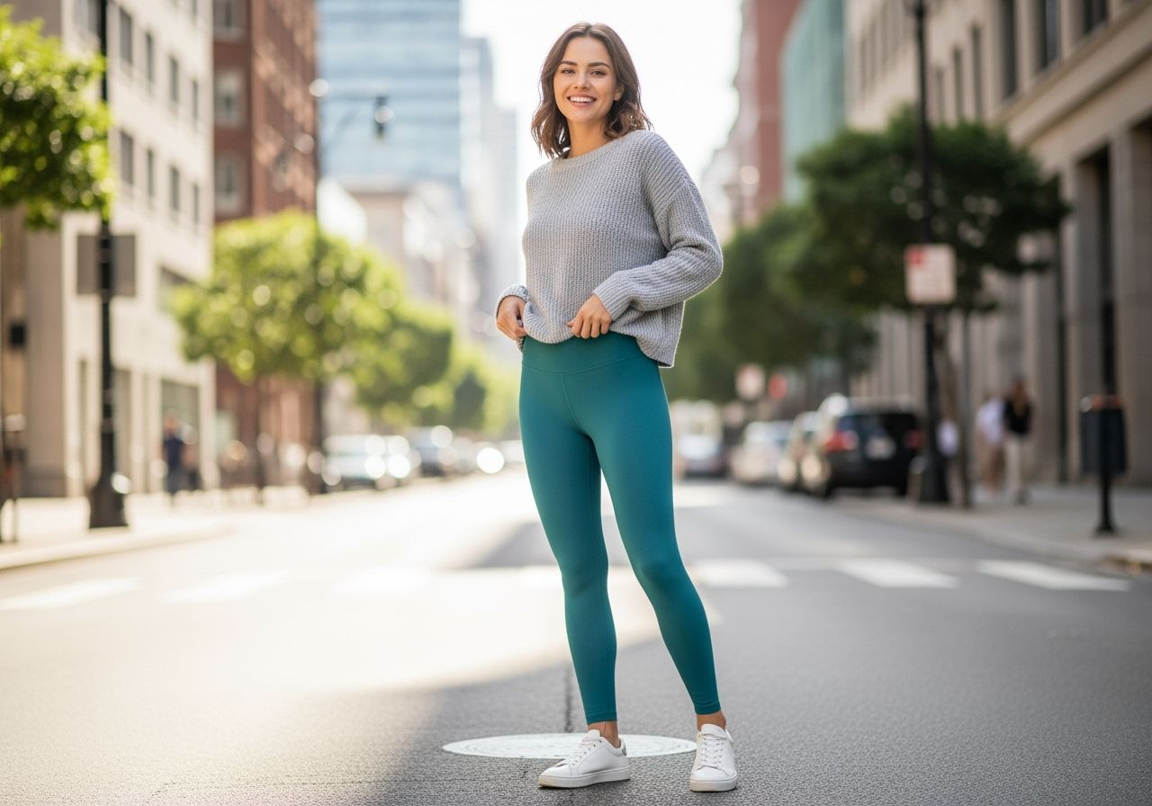 Młoda kobieta w kolorowych legginsach, luźnym swetrze i białych butach na miejskiej ulicy, naturalne światło.