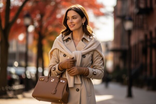 Kobieta w beżowym trenczu z szalikiem i rękawiczkami, trzyma beżową torebkę na miejskiej ulicy jesienią