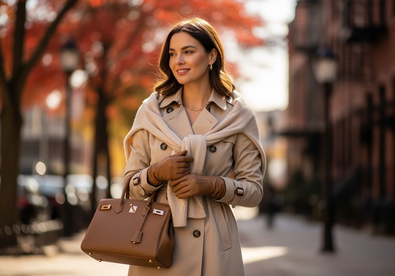 Kobieta w beżowym trenczu z szalikiem i rękawiczkami, trzyma beżową torebkę na miejskiej ulicy jesienią