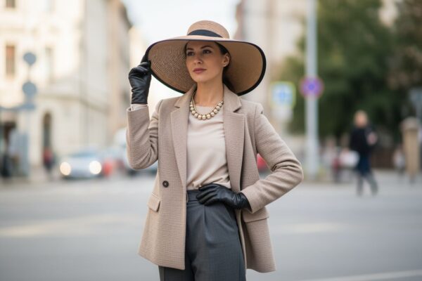 Młoda kobieta w modnym kapeluszu pozująca na tle rozmytej miejskiej ulicy w naturalnym świetle.