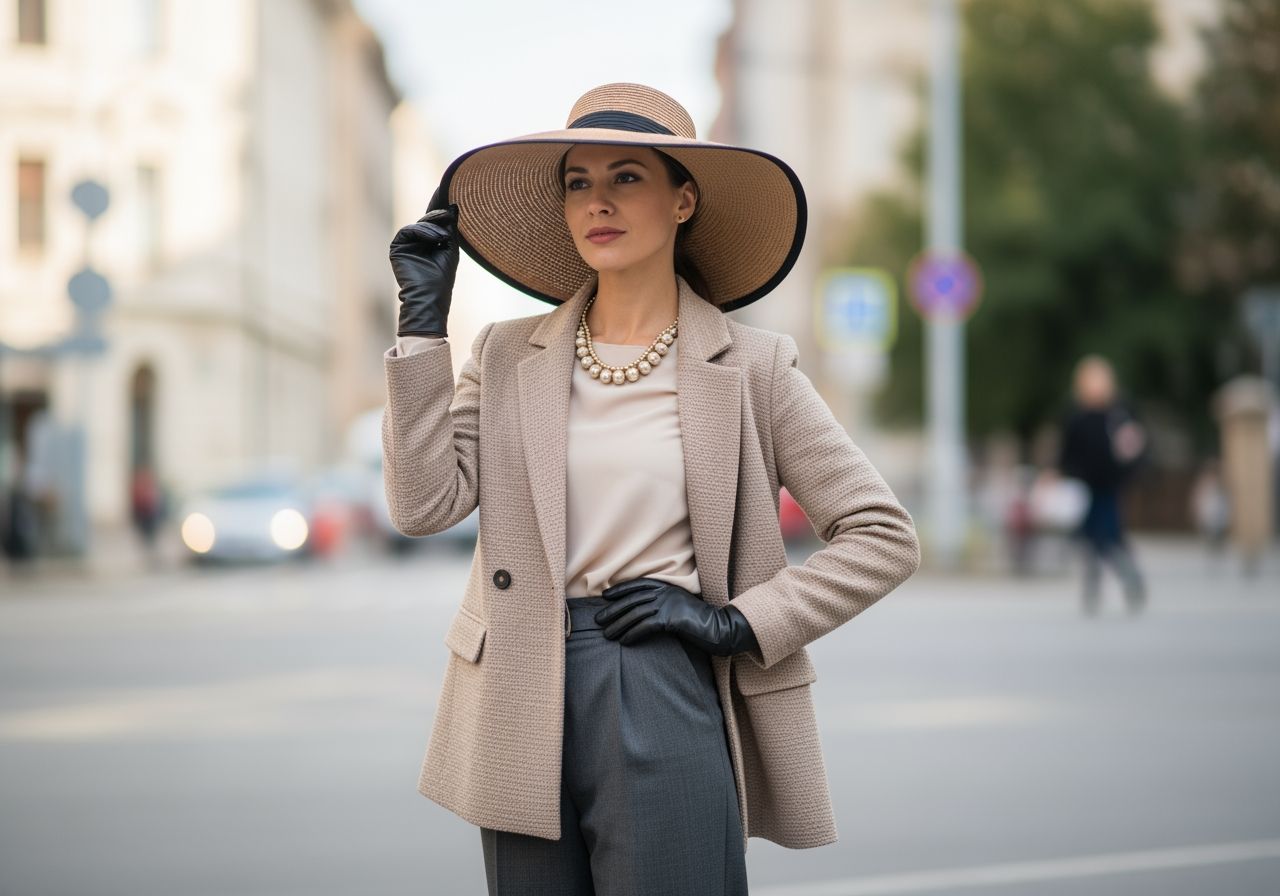 Młoda kobieta w modnym kapeluszu pozująca na tle rozmytej miejskiej ulicy w naturalnym świetle.