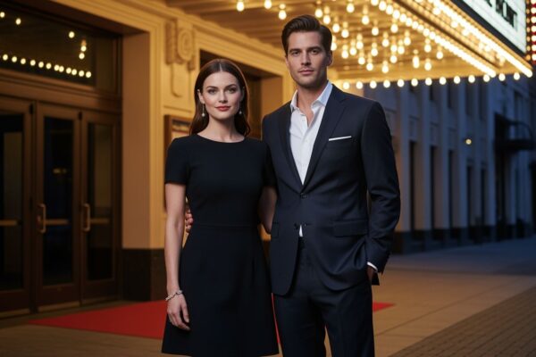 Mężczyzna w garniturze i kobieta w czarnej sukience stoją przed wejściem do teatru przy czerwonym dywanie.