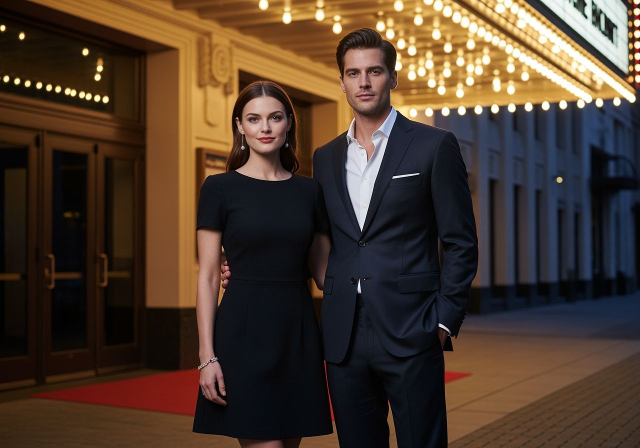 Mężczyzna w garniturze i kobieta w czarnej sukience stoją przed wejściem do teatru przy czerwonym dywanie.