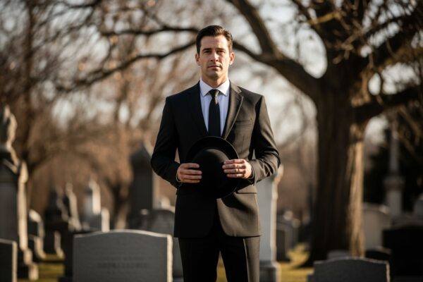 Mężczyzna w czarnym garniturze pogrzebowym stoi w cichym cmentarzu przy gałęziach drzewa.