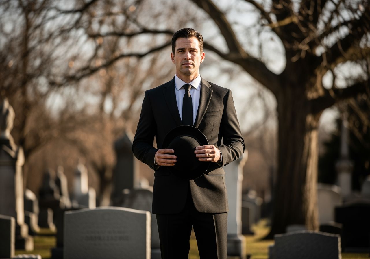 Mężczyzna w czarnym garniturze pogrzebowym stoi w cichym cmentarzu przy gałęziach drzewa.