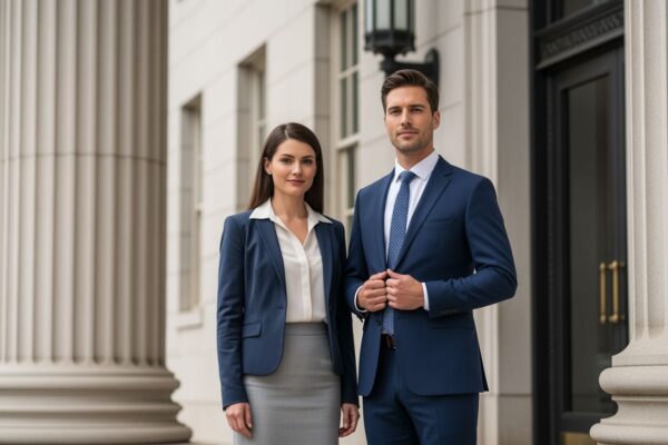 Profesjonalni mężczyzna i kobieta stoją przed wejściem do budynku sądu z kolumnami w tle.