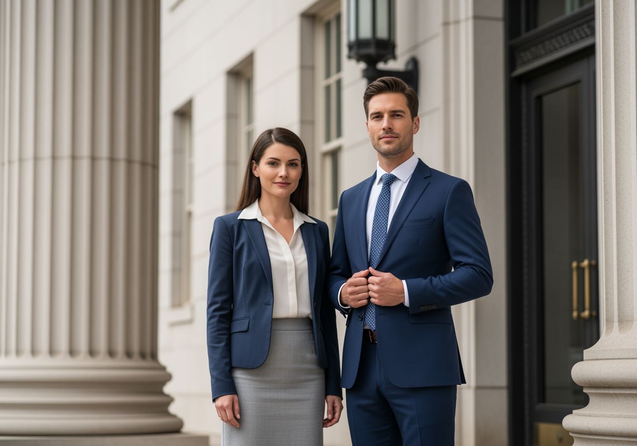 Profesjonalni mężczyzna i kobieta stoją przed wejściem do budynku sądu z kolumnami w tle.