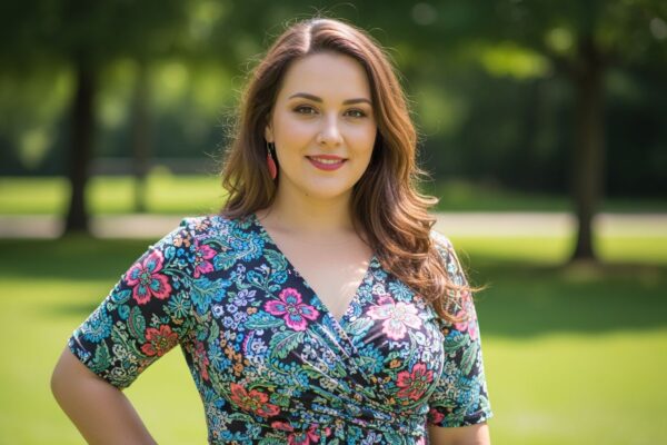 Pewna siebie kobieta plus size w kolorowej sukience stoi na tle zielonego parku w naturalnym świetle.
