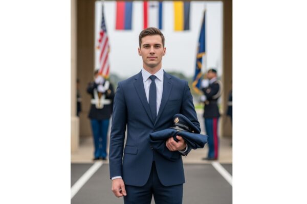 Mężczyzna w garniturze trzyma mundur przed wejściem do bazy wojskowej, za nim żołnierze i flagi.