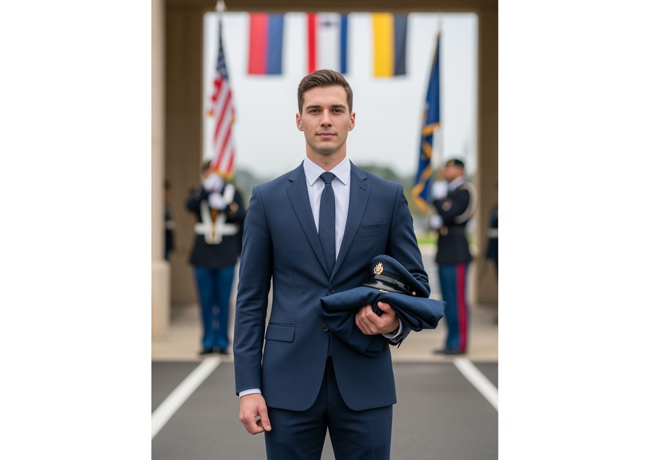 Mężczyzna w garniturze trzyma mundur przed wejściem do bazy wojskowej, za nim żołnierze i flagi.