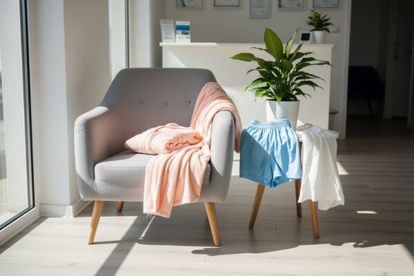 Poczekalnia w nowoczesnej klinice ginekologicznej z krzesłem, odzieżą medyczną i rośliną na stoliku.