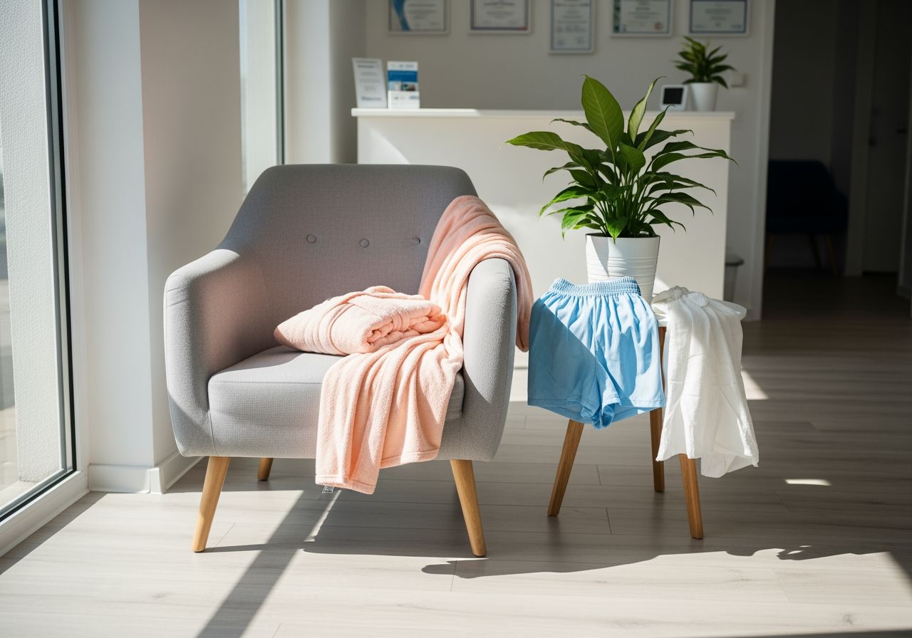 Poczekalnia w nowoczesnej klinice ginekologicznej z krzesłem, odzieżą medyczną i rośliną na stoliku.