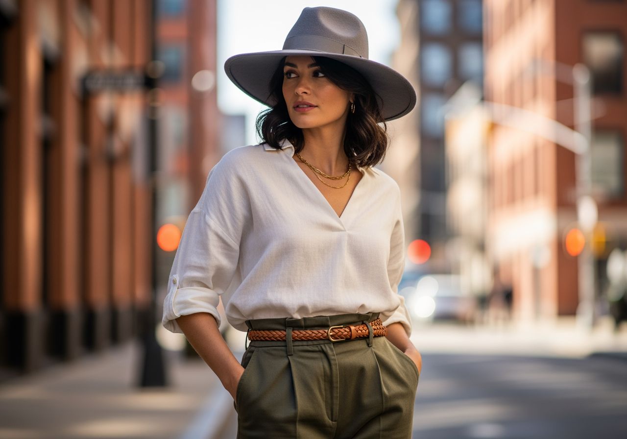 Kobieta w eleganckim kapeluszu i casualowym stroju na tle rozmytej miejskiej ulicy w naturalnym świetle