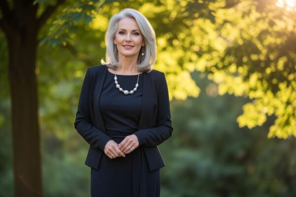 Stylowa kobieta 50 lat w eleganckim stroju, srebrne włosy, uśmiech, naturalne światło, otoczenie z drzewami