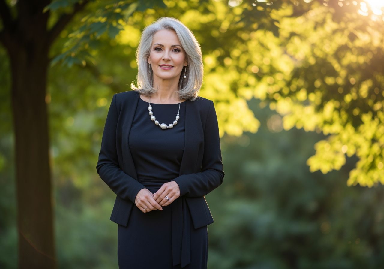 Stylowa kobieta 50 lat w eleganckim stroju, srebrne włosy, uśmiech, naturalne światło, otoczenie z drzewami