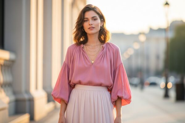 Młoda kobieta w różowym zestawie stoi na tle miejskiego krajobrazu o ciepłym świetle wieczoru
