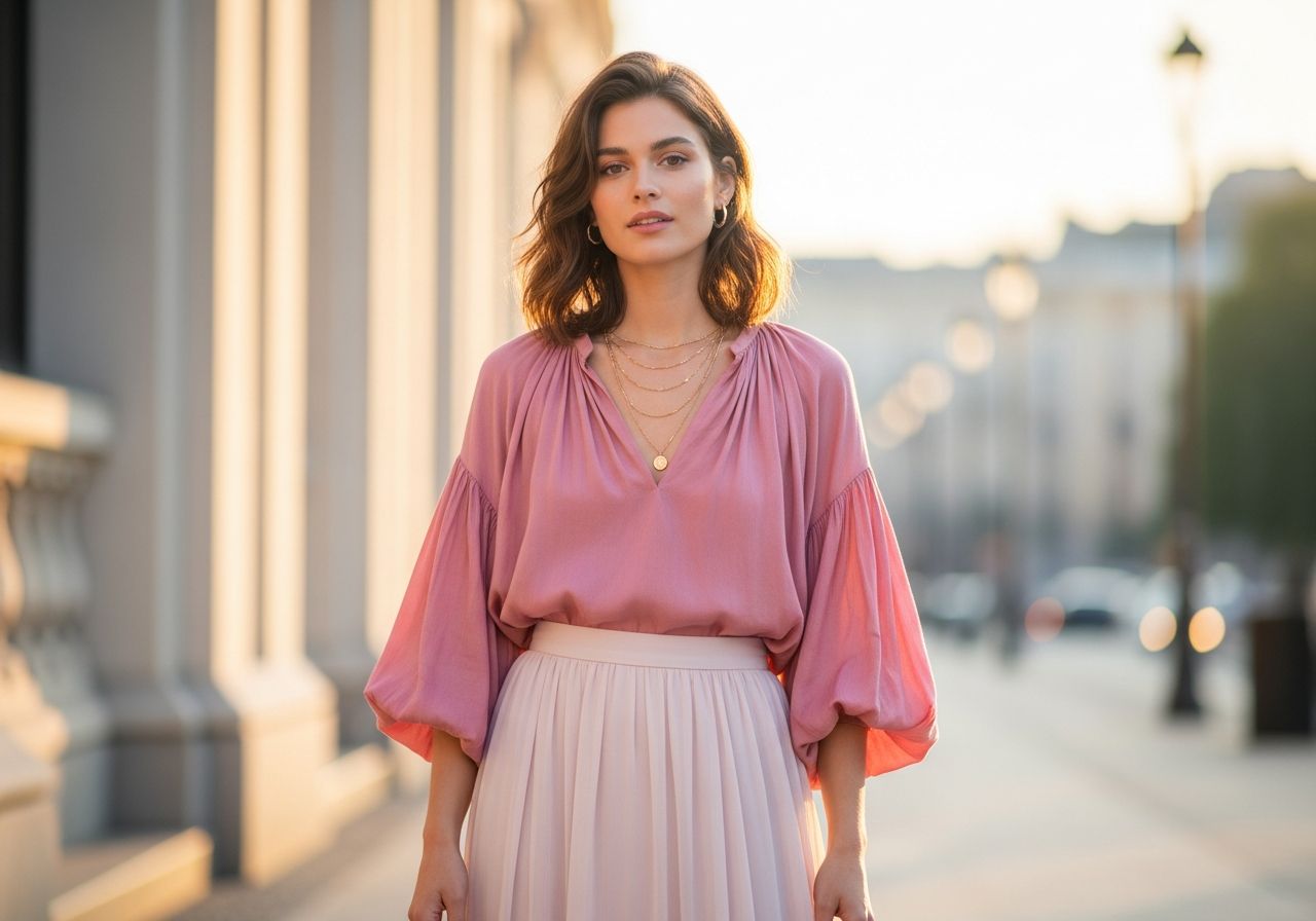 Młoda kobieta w różowym zestawie stoi na tle miejskiego krajobrazu o ciepłym świetle wieczoru