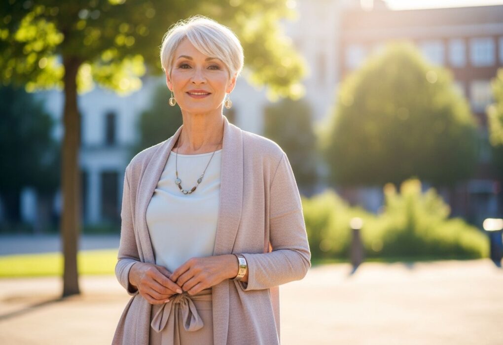 Elegancka kobieta 60+ stoi w miejskim parku, ubrana w pastelowy, wygodny strój, uśmiecha się delikatnie.