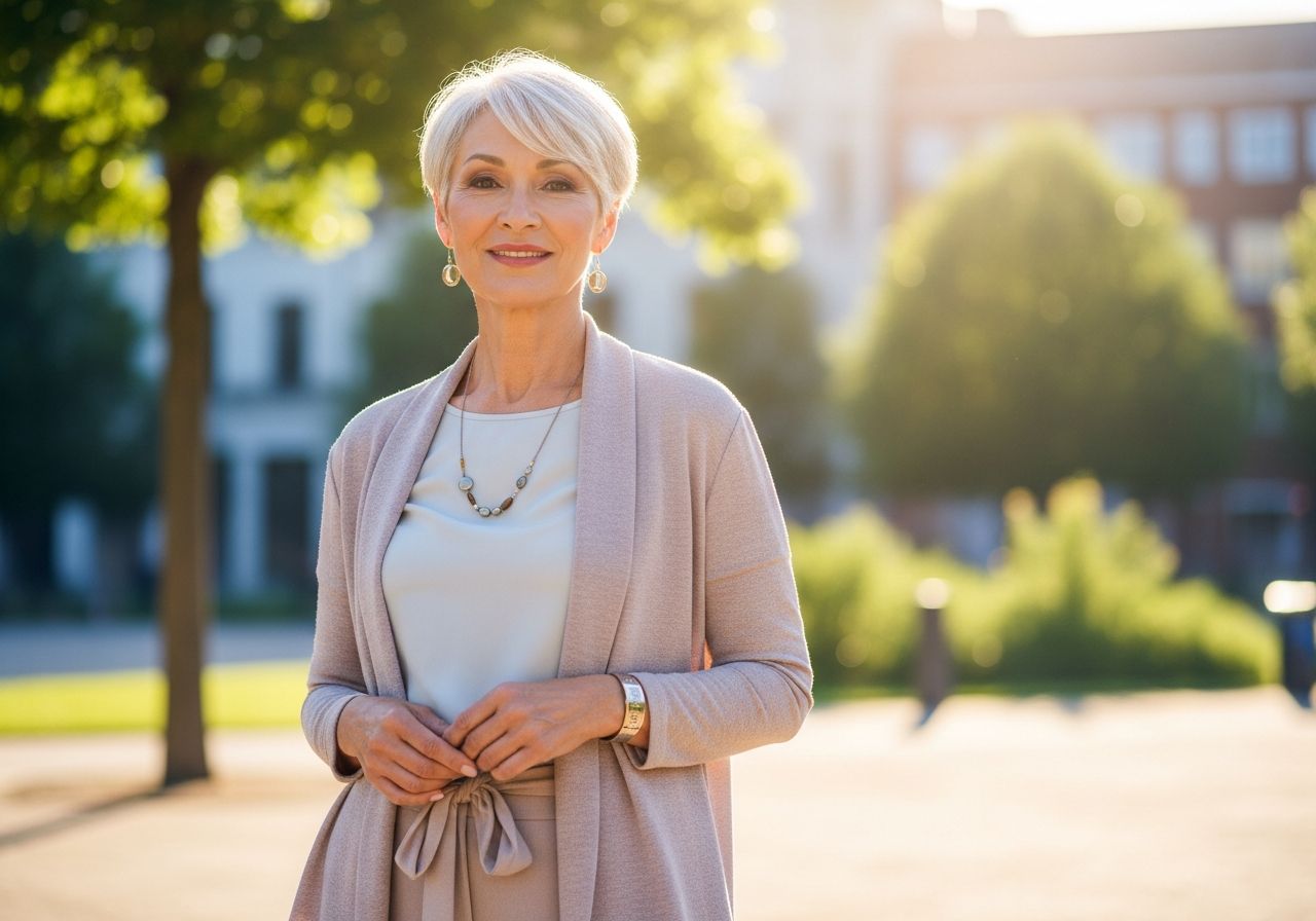 Elegancka kobieta 60+ stoi w miejskim parku, ubrana w pastelowy, wygodny strój, uśmiecha się delikatnie.