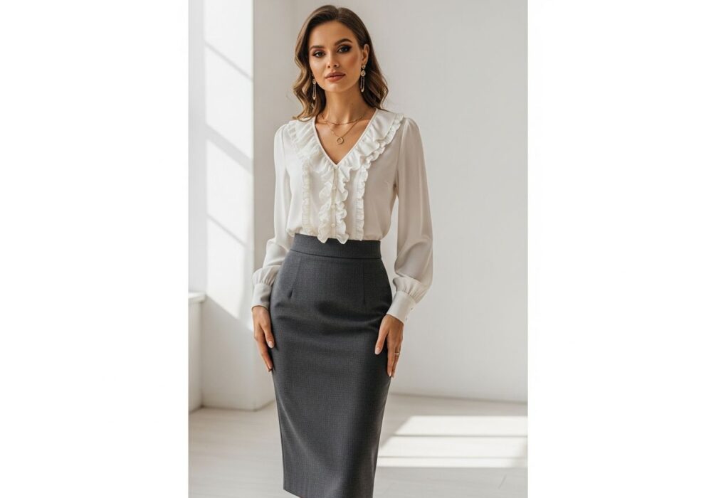 Stylowa kobieta w dopasowanej spódnicy i bluzce z falbanami, stojąca pewnie w jasnym nowoczesnym studiu.