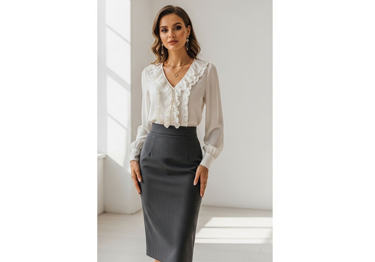 Stylowa kobieta w dopasowanej spódnicy i bluzce z falbanami, stojąca pewnie w jasnym nowoczesnym studiu.