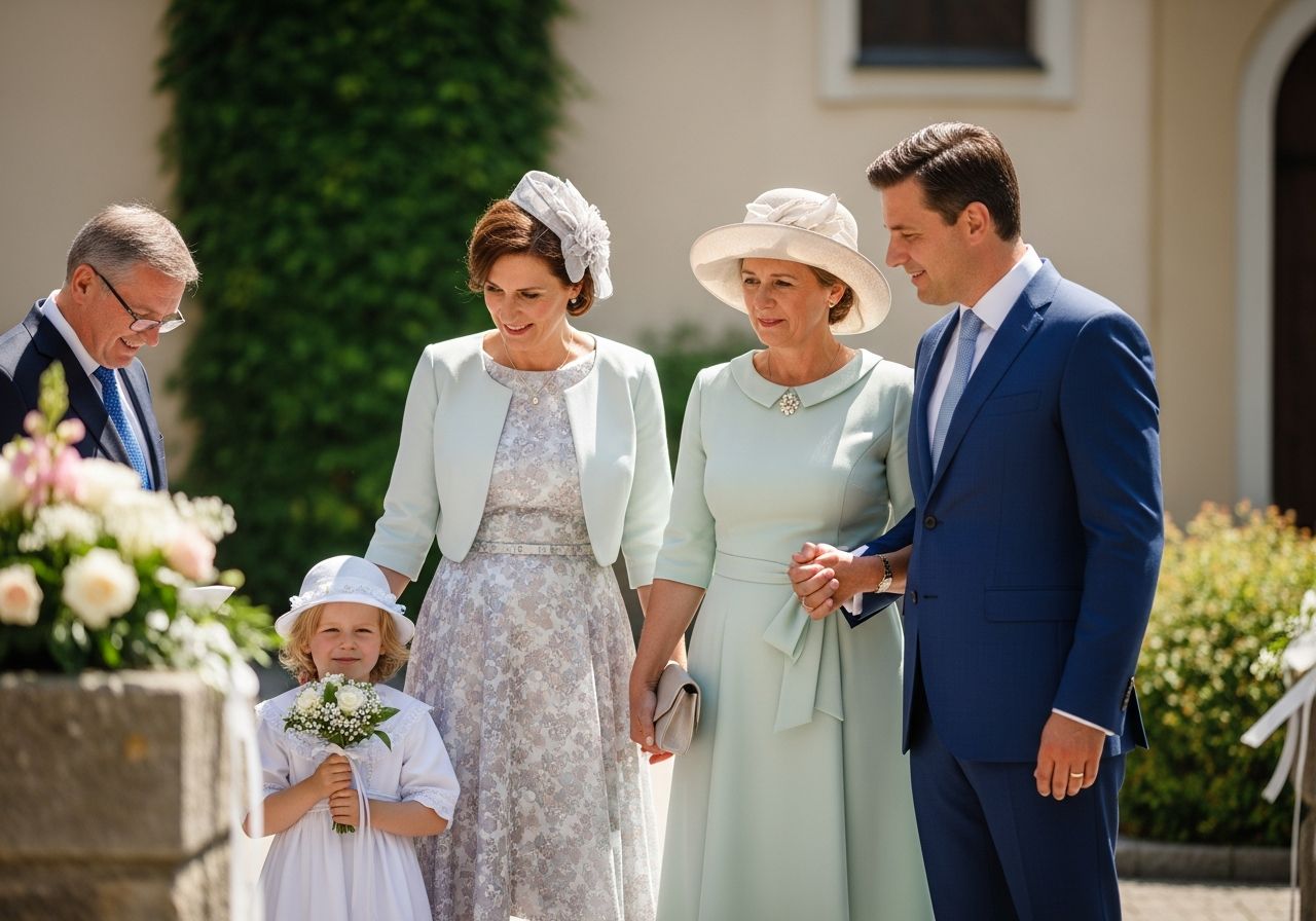 Rodzina ubrana elegancko podczas chrztu na zewnątrz kościoła, dziecko w białej szatce trzyma bukiet.