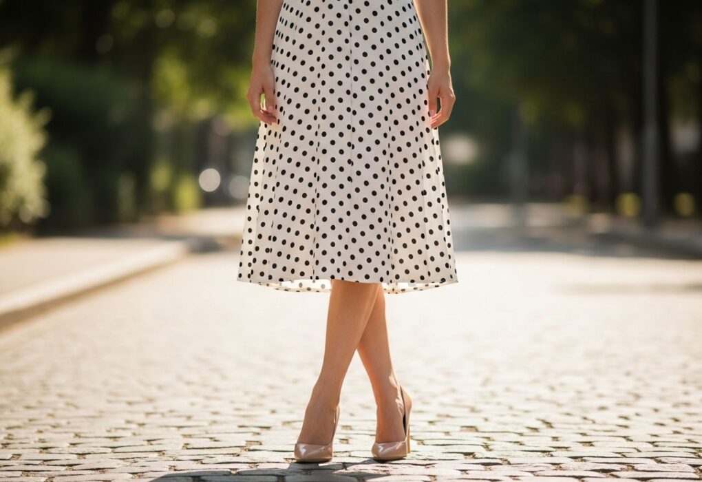 Młoda kobieta w białej sukience w czarne kropki i beżowych szpilkach stoi na brukowanej ulicy.