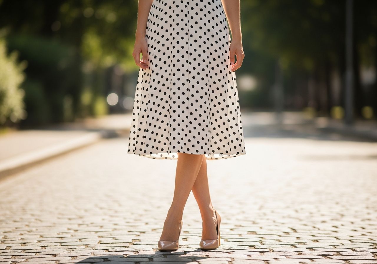 Młoda kobieta w białej sukience w czarne kropki i beżowych szpilkach stoi na brukowanej ulicy.