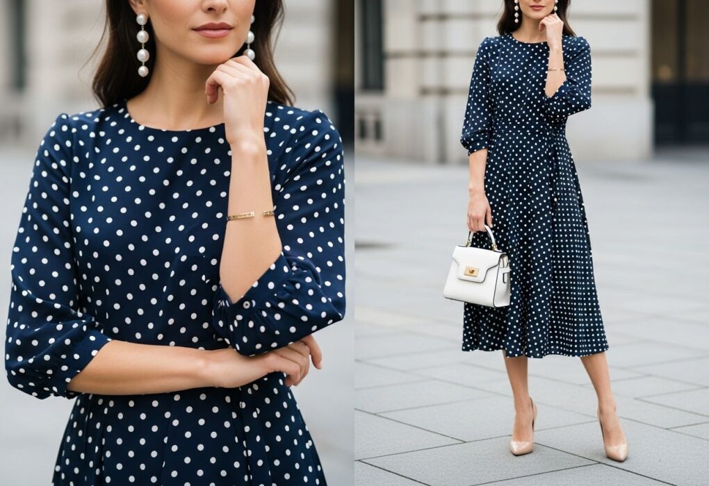 Kobieta w granatowej sukience w kropki z perłowymi kolczykami i białą torebką na miejskiej ulicy