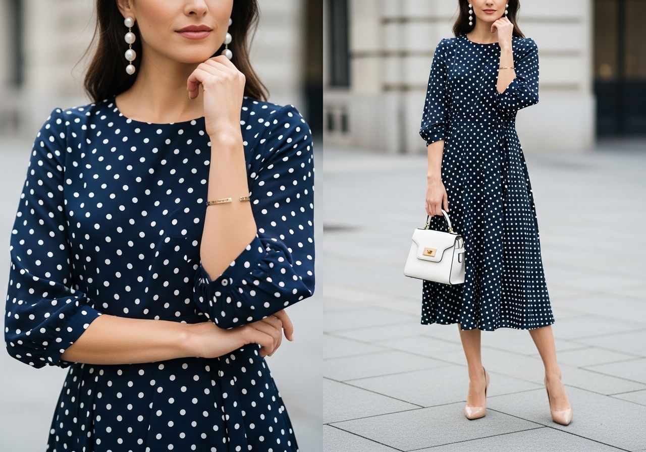 Kobieta w granatowej sukience w kropki z perłowymi kolczykami i białą torebką na miejskiej ulicy