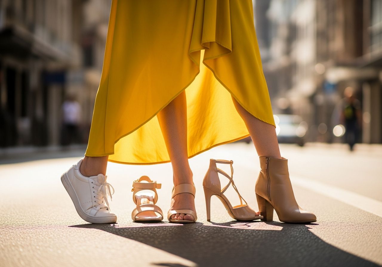 Kobieta w żółtej sukience na miejskiej ulicy, różne buty: białe sneakersy, beżowe sandały, szpilki, botki.