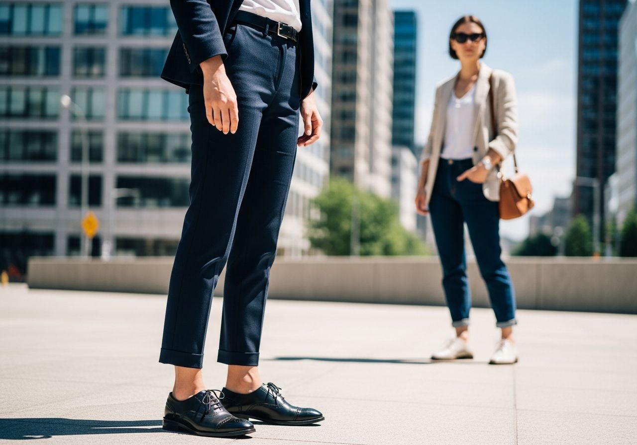 Dwie kobiety w oksfordkach, jedna elegancka w czerni, druga casualowa w jasnych butach, w miejskim otoczeniu.