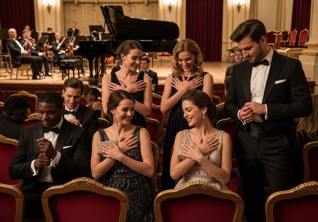 Elegancka publiczność w sali koncertowej przed występem muzyki klasycznej, scena z fortepianem i orkiestrą.