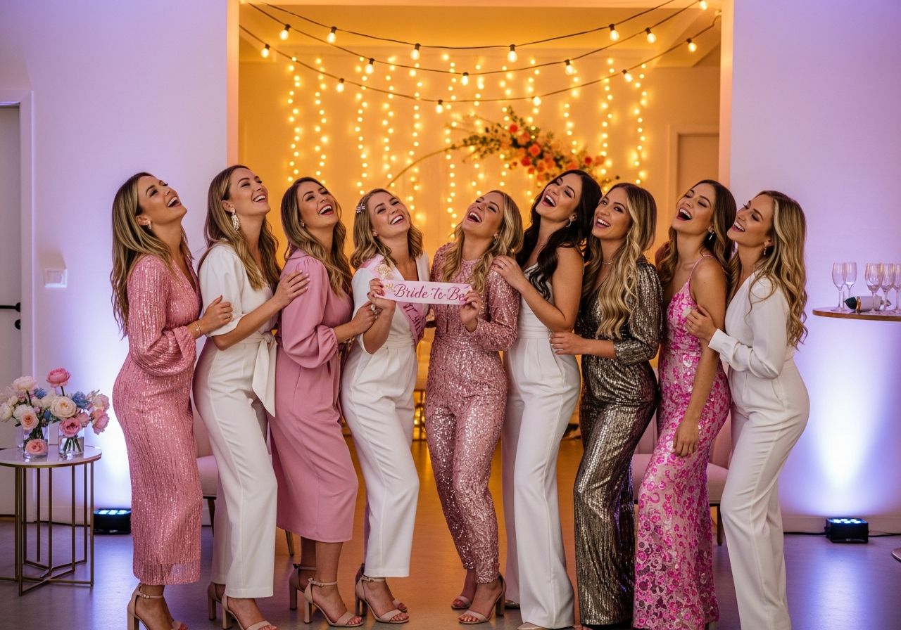 Grupa młodych kobiet na wieczorze panieńskim pozująca i śmiejąca się w nowoczesnym wnętrzu