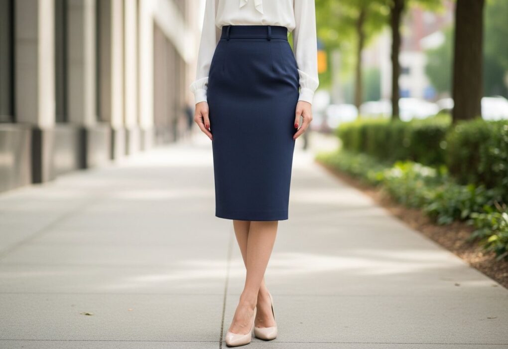 Kobieta w klasycznej ołówkowej spódnicy i białej bluzce stoi na chodniku miasta, w naturalnym świetle.