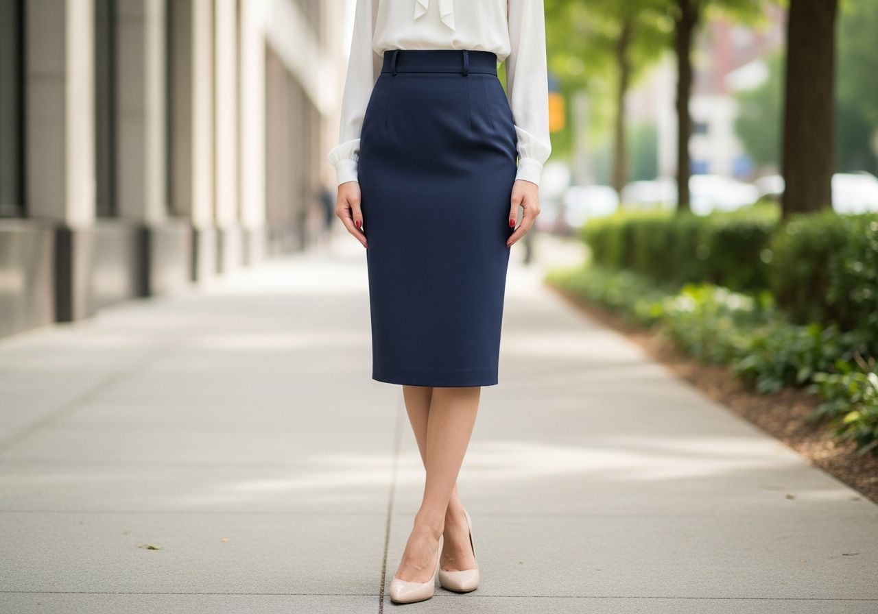 Kobieta w klasycznej ołówkowej spódnicy i białej bluzce stoi na chodniku miasta, w naturalnym świetle.