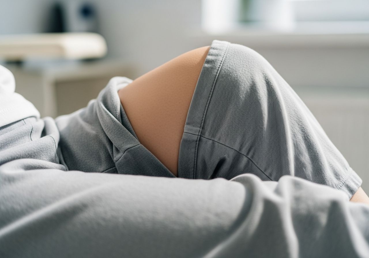 Pacjent w klinice przygotowujący się do rezonansu kolana, siedzi w luźnej odzieży bez metalowych elementów.