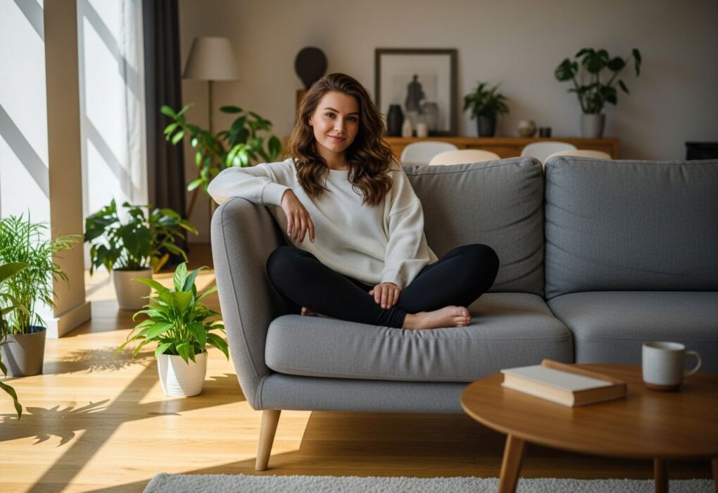 Młoda kobieta w białym swetrze i czarnych legginsach siedzi na kanapie w jasnym salonie z roślinami.