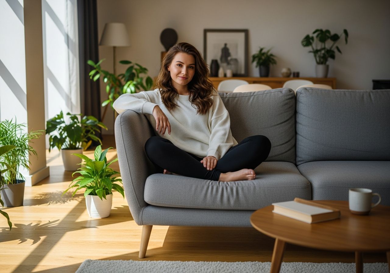 Młoda kobieta w białym swetrze i czarnych legginsach siedzi na kanapie w jasnym salonie z roślinami.