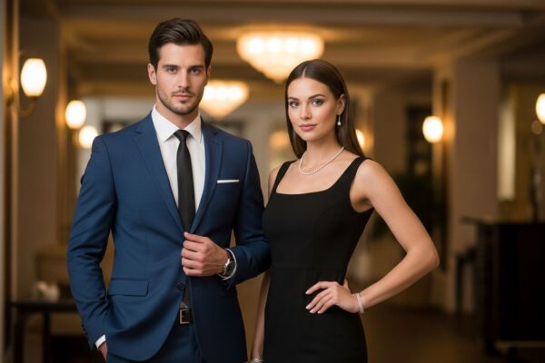 Elegancka para w formalnym stroju na przyjęciu w luksusowym, przytulnym wnętrzu z miękkim oświetleniem.