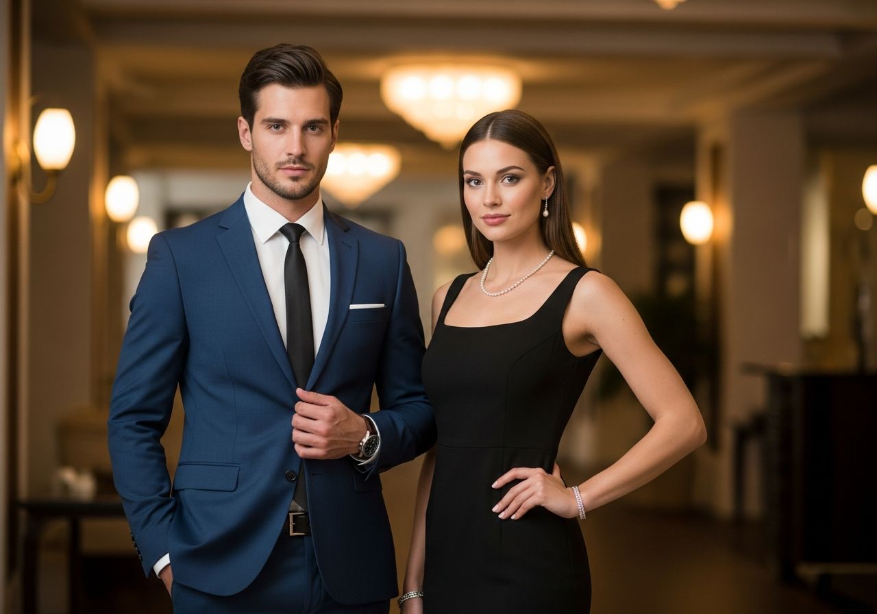 Elegancka para w formalnym stroju na przyjęciu w luksusowym, przytulnym wnętrzu z miękkim oświetleniem.